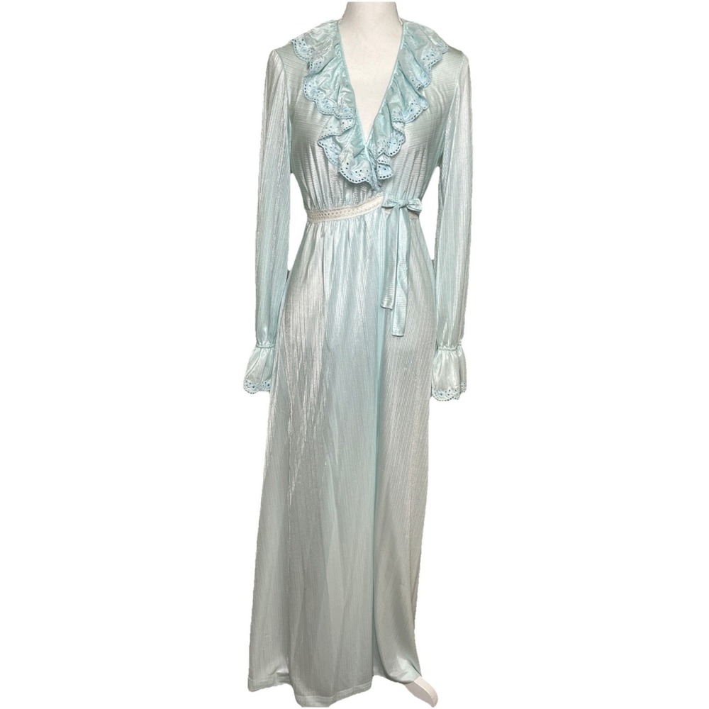 Vintage Miss Elaine Blue Peignoir Robe Ruffle Lace Trim High Waist 1960s Size M